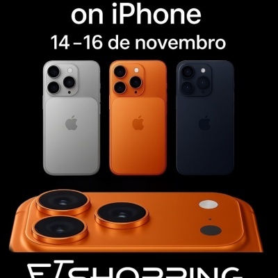 Promoção 5% OFF em iPhone com iPhones cinza, laranja e preto em fundo preto e texto promocional