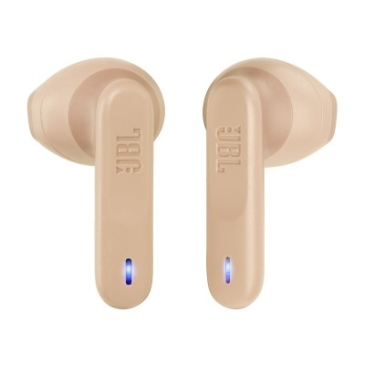 Auriculares intra-auriculares sem fios JBL em bege com luzes LED azuis