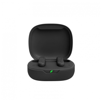 Auriculares sem fios pretos em estojo de carregamento preto com luz verde