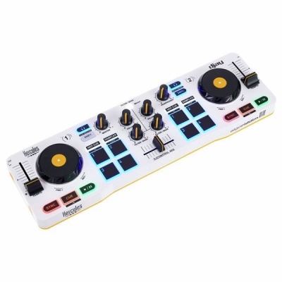 Controlador de DJ branco Hercules DJControl Instinct com botões e mostradores