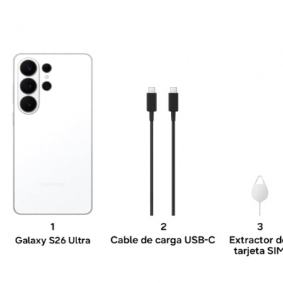 telemóvel Samsung Galaxy S26 Ultra branco, cabo USB-C preto, extrator cartão SIM branco