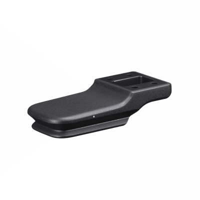 Ponteira preta texturizada de formato irregular com base quadrada e quatro orifícios.