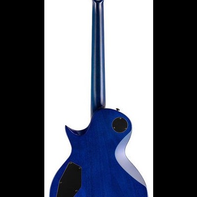 Guitarra elétrica azul vista de trás com tampas pretas e tarraxas pretas
