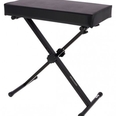 Banco de apoio para instrumento musical com estrutura metálica e assento acolchoado preto