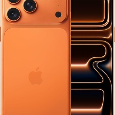 Smartphone laranja Apple com três câmaras e ecrã ligado com fundo abstrato