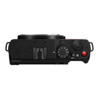 Câmara digital Panasonic preta vista de cima com botões e dial