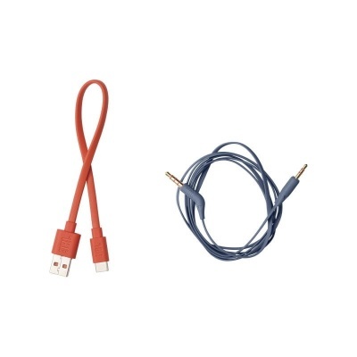 Cabo USB para Lightning laranja e cabo de áudio auxiliar azul com conetores jack