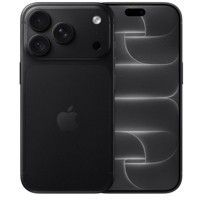 Smartphone preto da Apple com duas câmaras traseiras e ecrã frontal com padrão cinza.