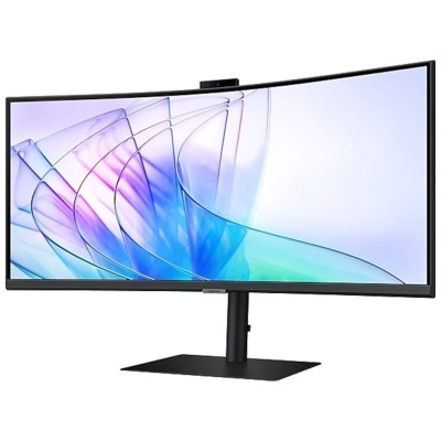 Monitor ultrawide curvo de ecrã panorâmico com base preta e padrão azul roxo no ecrã