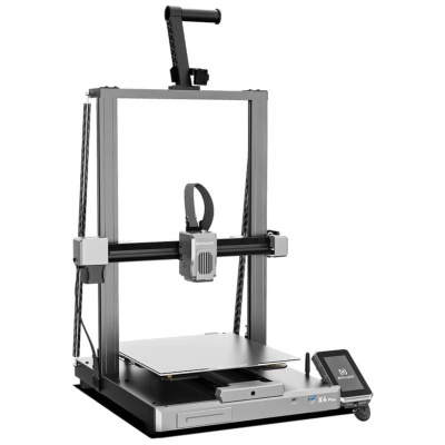 Impressora 3D metálica preta e cinza com ecrã tátil 'E4 PRO'