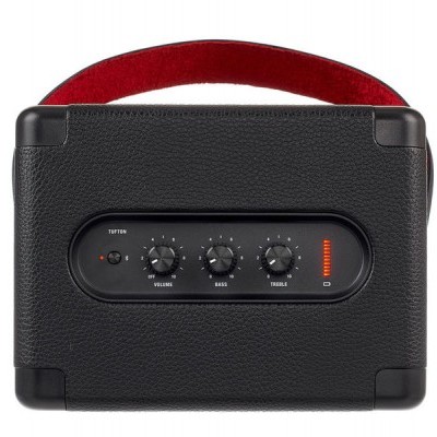 Rádio portátil retro preto com botões de volume, bass e treble e alça vermelha