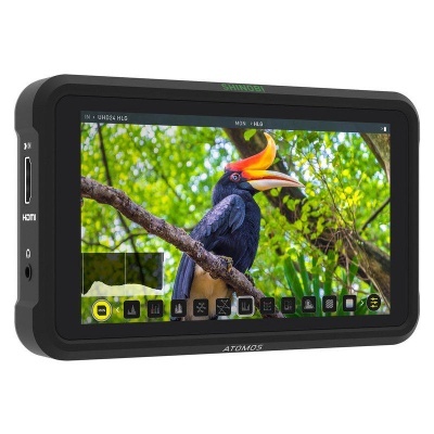 Monitor de vídeo preto ATOMOS com ecrã colorido mostrando tucano