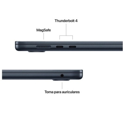 Vista lateral de portátil azul escuro com portas MagSafe, Thunderbolt 4 e tomada para auriculares