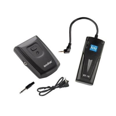 Conjunto de controlo remoto Godox preto para flash com transmissor, recetor, adaptador e cabo