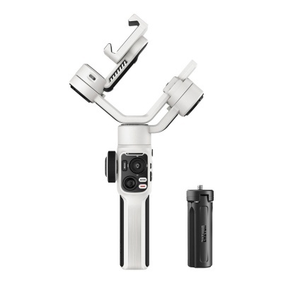 Estabilizador para smartphones branco e cinza com tripé preto.