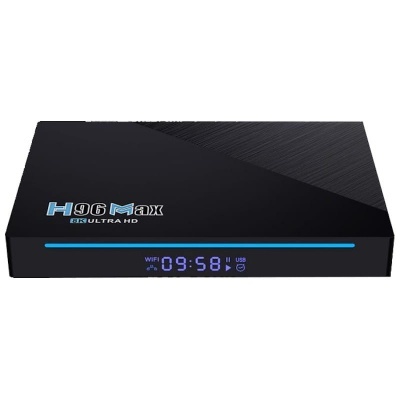 Aparelho preto reto com hora digital e texto H96 Max 8K ULTRA HD