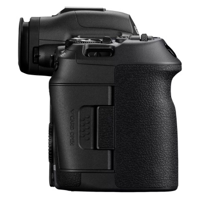 Câmara fotográfica digital preta vista de lado com pega texturizada