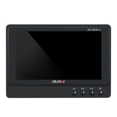 Monitor Viltrox DC-55HD 4K preto com botões F1, F2, F3 e seta