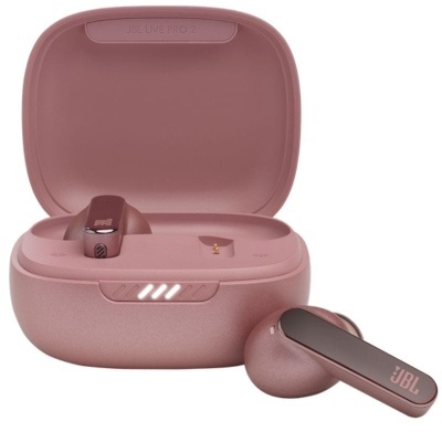 Fones de ouvido sem fios JBL rosa com estojo