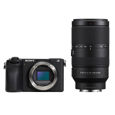 Câmara digital Sony Alpha e lente zoom preta sobre fundo branco