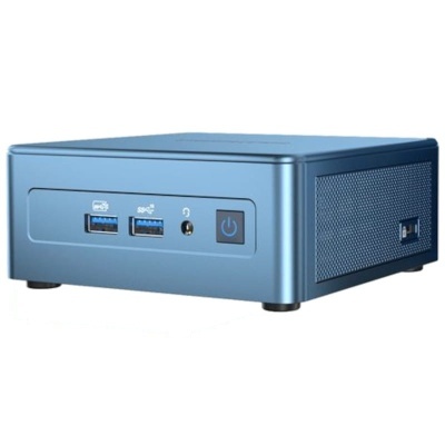 Computador miniatura azul com portas USB e botão power