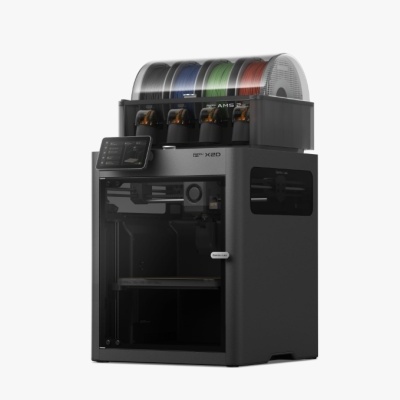 Impressora 3D preta com carretéis coloridos na parte superior