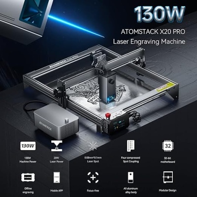 Máquina de gravação a laser Atomstack X20 Pro em metal prateado com letras e ícones técnicos