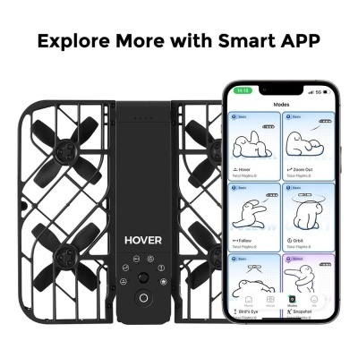 Drone preto quadrado com quatro hélices e smartphone a mostrar uma app com modos de voo