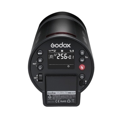 Flash Godox WB300F preto com painel de controlo e ecrã LCD digital