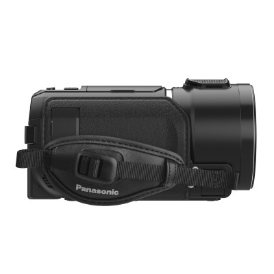 Câmara de vídeo portátil preta Panasonic com punho ajustável e lente distinta