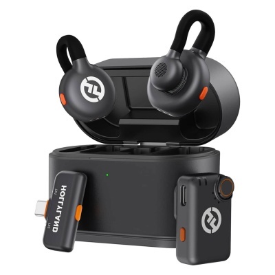 Earbuds sem fios pretos com caixa de carregamento e acessórios com texto