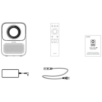 Projetor compacto Wanbo com telecomando, adaptador, cabo HDMI e manual.