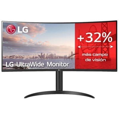 Monitor curvo LG UltraWide preto com texto promocional em ecrã