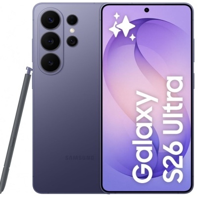 Samsung Galaxy S26 Ultra smartphone púrpura com caneta e ecrã lilás