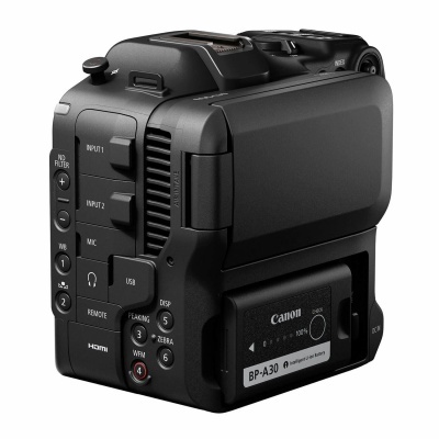 Câmara Canon preta com vários botões e bateria visível