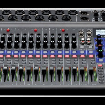 mesa de mistura áudio 12 canais cinza com botões e faders