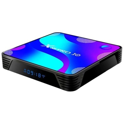 Aparelho eletrónico preto retangular com ecrã digital azul e topo colorido abstrato