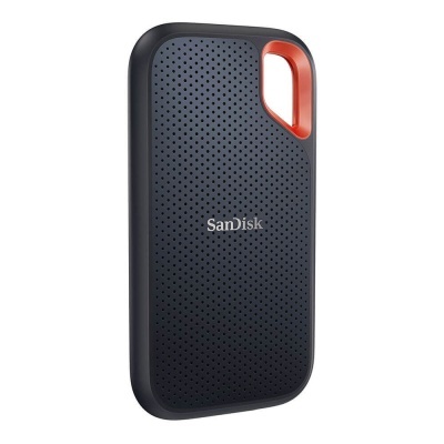 Dispositivo de armazenamento externo portátil SanDisk preto com alça laranja