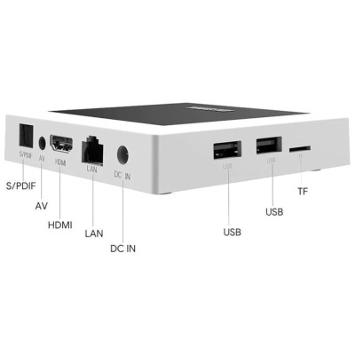 Dispositivo eletrónico branco com várias portas e etiquetas