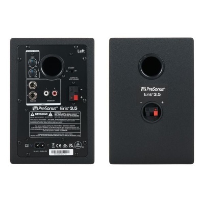 Colunas de áudio PreSonus Eris 3.5 cor preta vista traseira e frontal