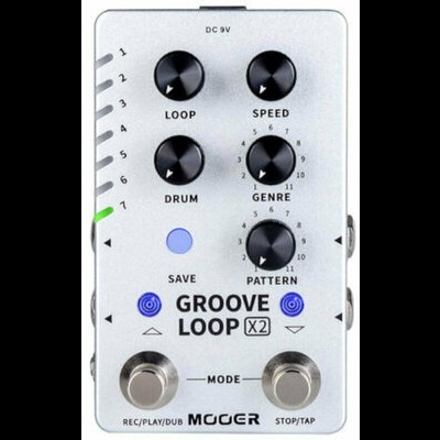 Pedal de efeito Mooer Groove Loop X2 prateado para guitarra com botões rotativos e pedais metálicos