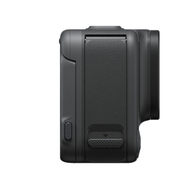 Lateral de câmara fotográfica digital preta com textura rugosa e botões