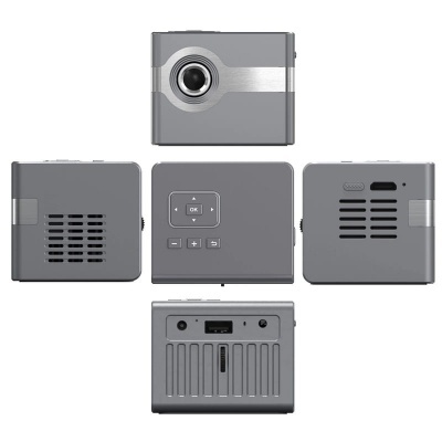 projetor compacto cinzento com lente frontal e botões de navegação
