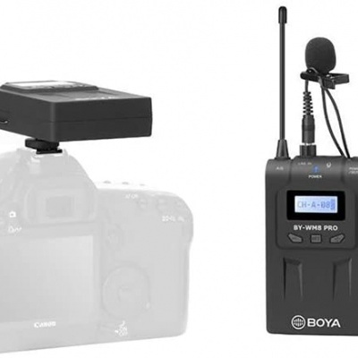 Kit de microfone sem fios BOYA BY-WM6 PRO com transmissor, receptor e microfone de lapela preto