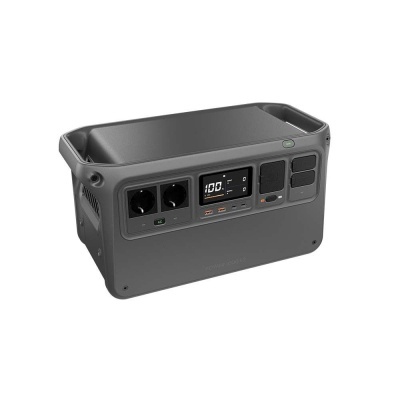 Gerador portátil cinza escuro com ecrã digital e tomadas