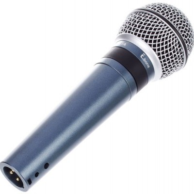Microfone dinâmico metálico azul com grelha prateada e marca E-bone