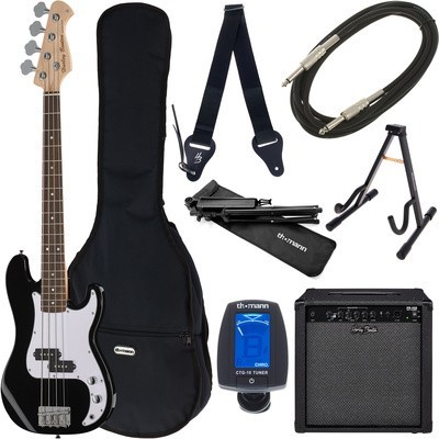 kit completo de baixo elétrico com acessórios em fundo branco