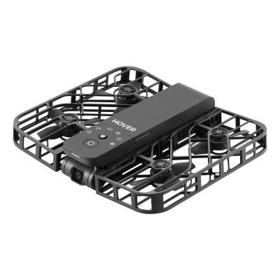 Drone preto com estrutura em grelha e texto HOVER