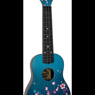 Ukulele azul com flores rosas e logótipos Flight e Diamond.