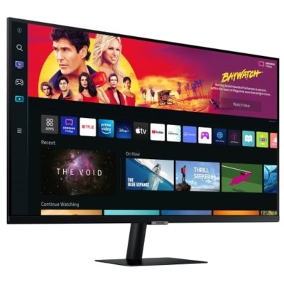 Televisão ou monitor preto com base, ecrã a mostrar interface de streaming com apps